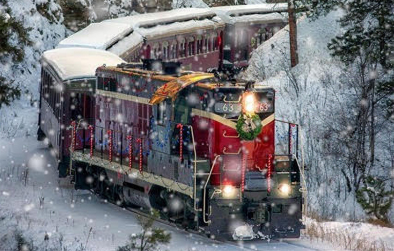 Train decorated with holiday lights