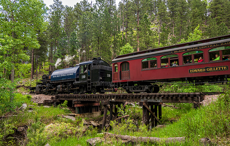 Train passing on bridge through wooded hills