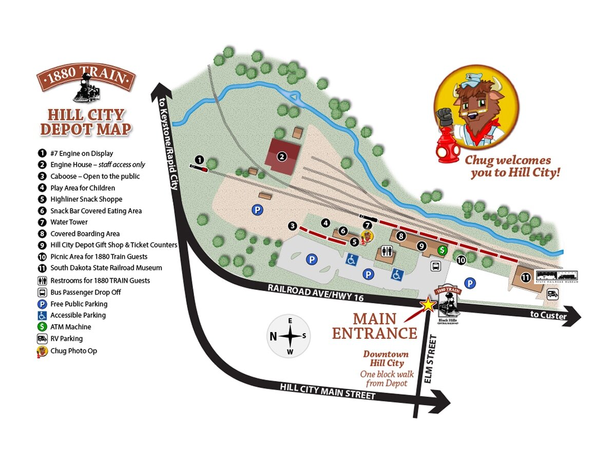 Map of the Hill City Depot showing parking, accessible parking, restrooms, ticket counters, boarding area, gift shop, picnic area, High-Liner Snack Shoppe, children’s play area, and South Dakota State Railroad Museum