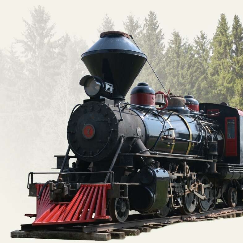 Black Hills Central Railroad steam locomotive No. 7 approaching on the tracks, surrounded by pine forest