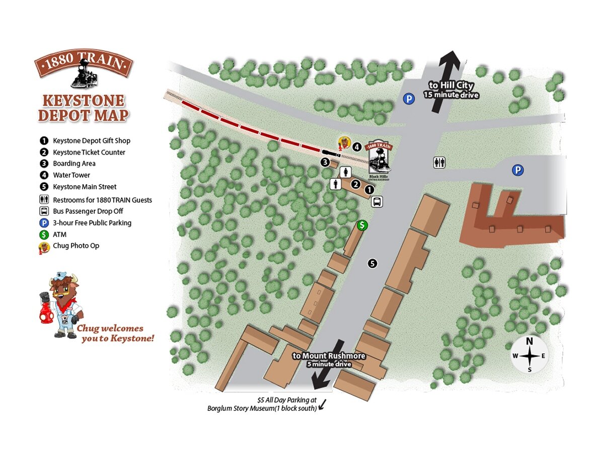 Map of the Keystone Depot showing the gift shop, ticket counter, boarding area, water tower, restrooms, bus drop-off, public parking, ATM, Chug photo opportunity, Keystone Main Street, and nearby Borglum Story Museum.